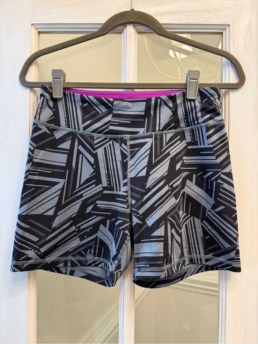 RBX Black & Gray Geometric Athletic Shorts with Pink Trim
